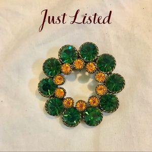 Vintage Faux Emerald and Amber Brooch